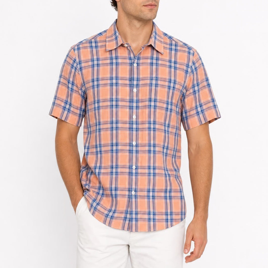 IZOD Mens Large Short Sleeve Plaid Button Down Shirt Orange Blue White Casual