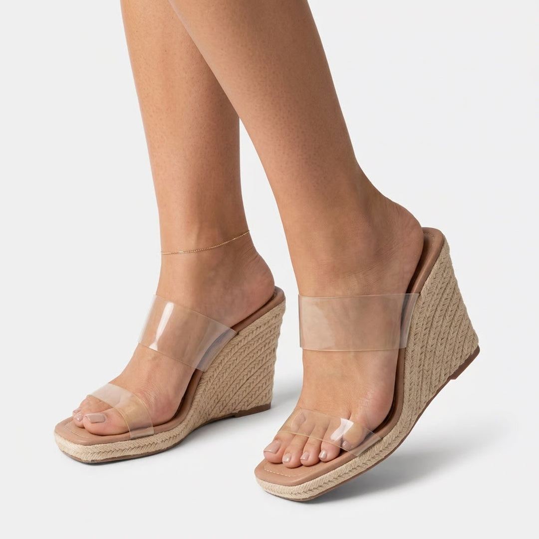 Steve Madden Mackie Clear Double Strap Espadrille Wedge Sandals Tan Size 9 M