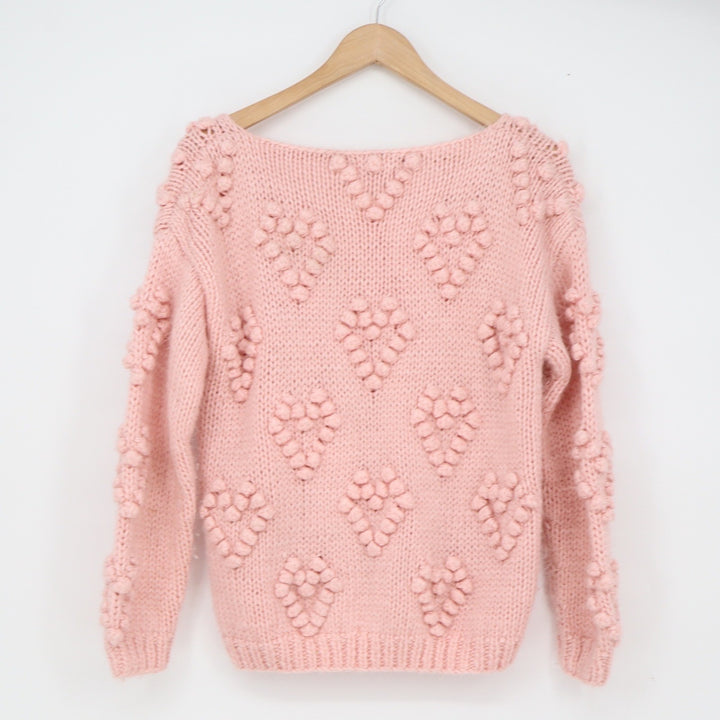 Chicwish Wool Sweater Women's Heart Pom Pom Pink Chunky Knit Excellent