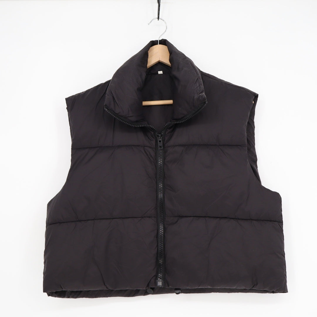 Black Puffer Vest Cropped Quilted Zip Up Stand Collar Sleeveless Jacket Large
