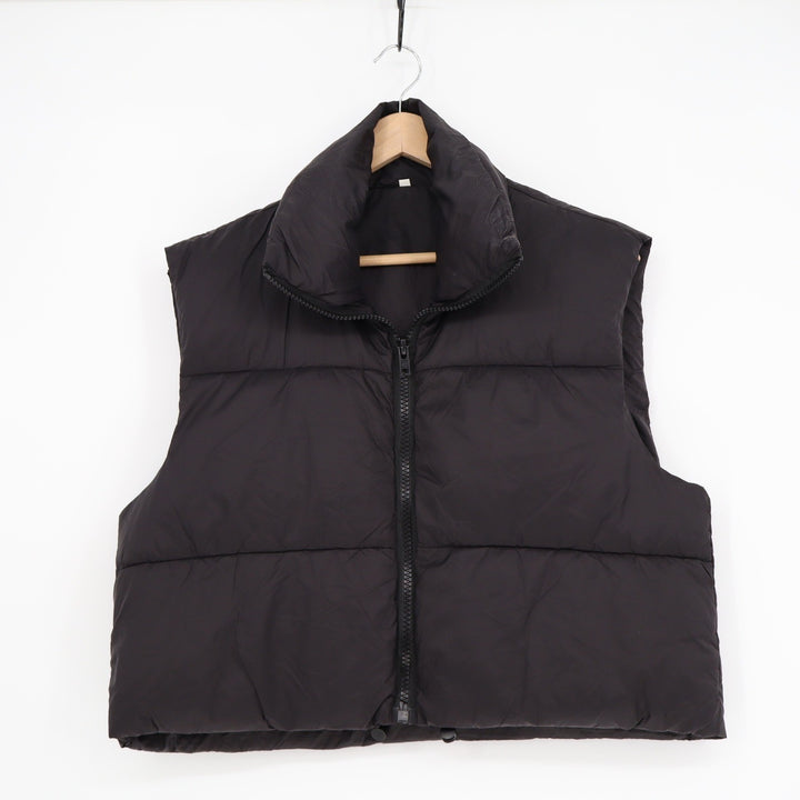 Black Puffer Vest Cropped Quilted Zip Up Stand Collar Sleeveless Jacket Large