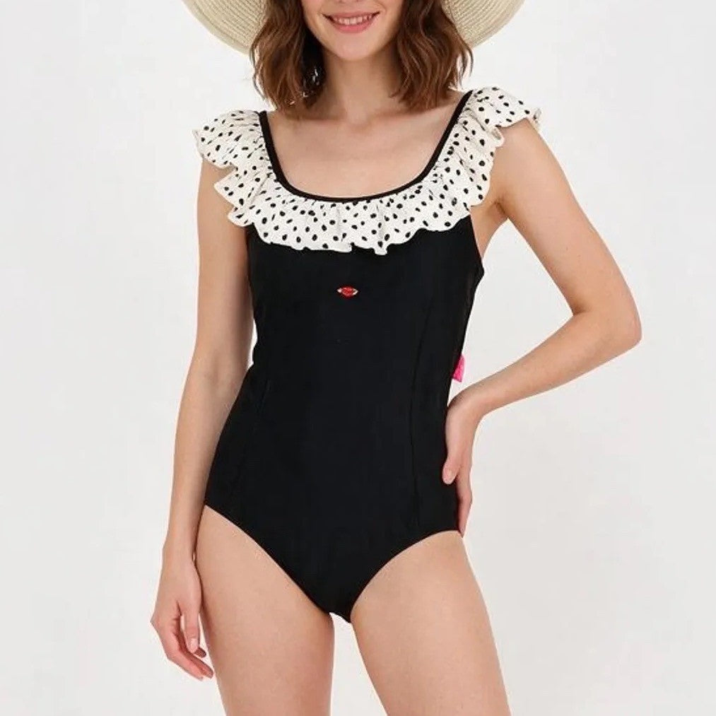 Betsey Johnson Dots Amore One Piece Swimsuit Black Polka Dot Ruffle M