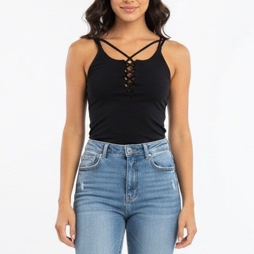 Equilibrium Activewear Black Lace Up Criss Cross Strap Tank Top Size M