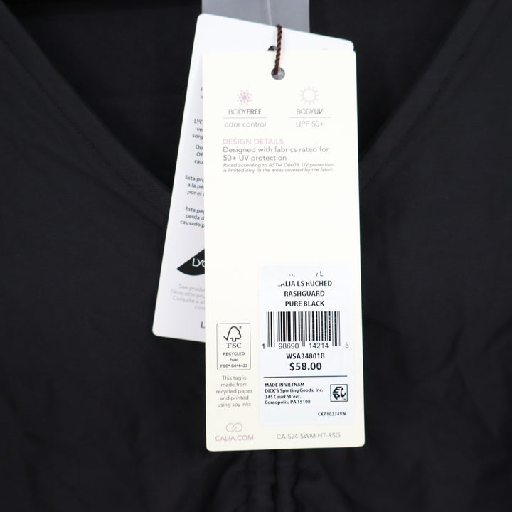 CALIA Womens LS Ruched Rashguard Pure Black UPF 50+ Cropped Top Large