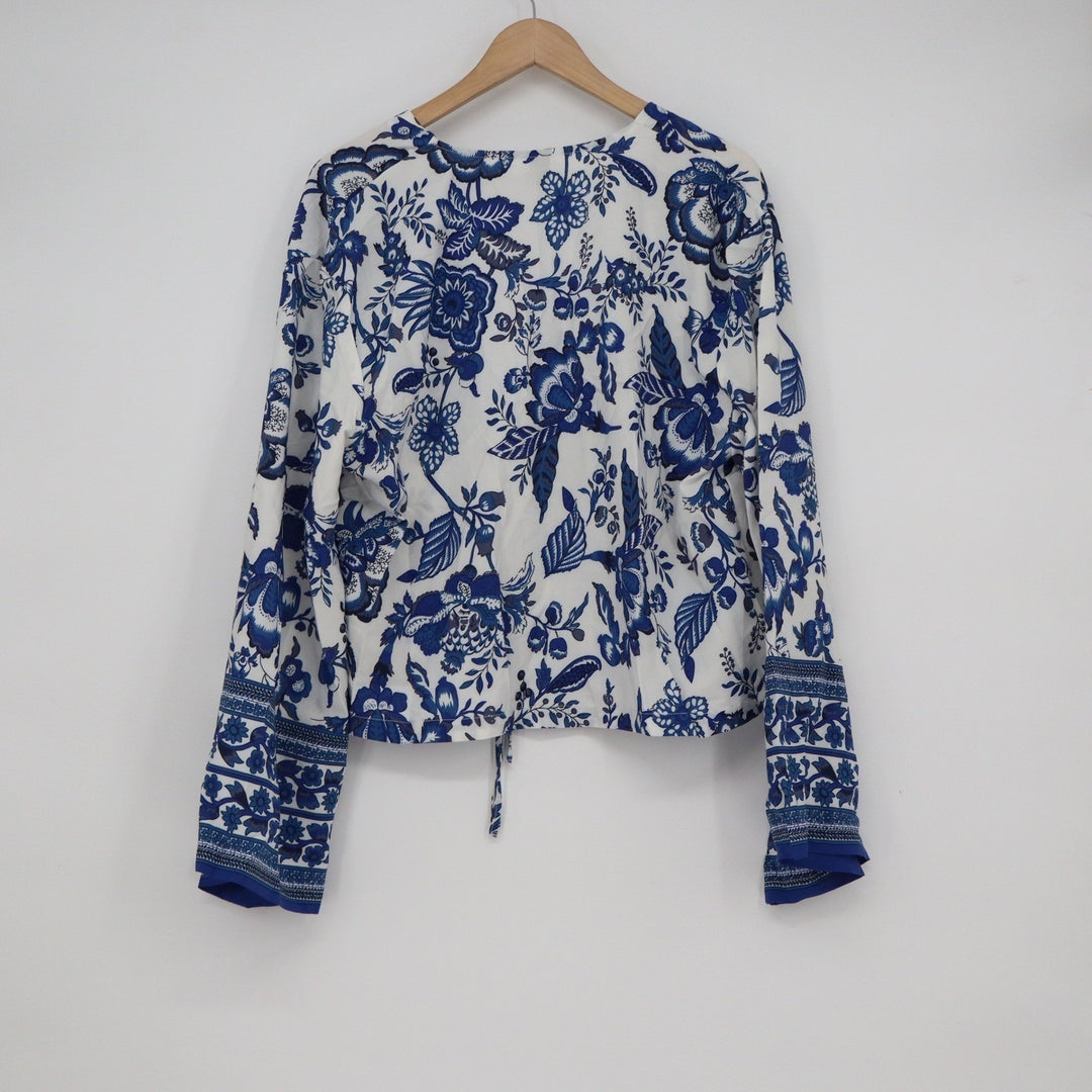Shein XL Blue White Floral Tie Front Cropped Cardigan Top Long Sleeve