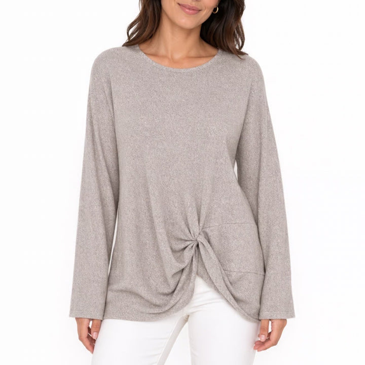 T-Shirt Womens Large Brown Knit Long Sleeve Front Twist Round Neck Pullover