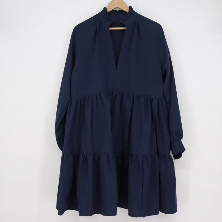SHEIN Navy Blue Tiered Babydoll Mini Dress Ruffle Neck Long Sleeve Large
