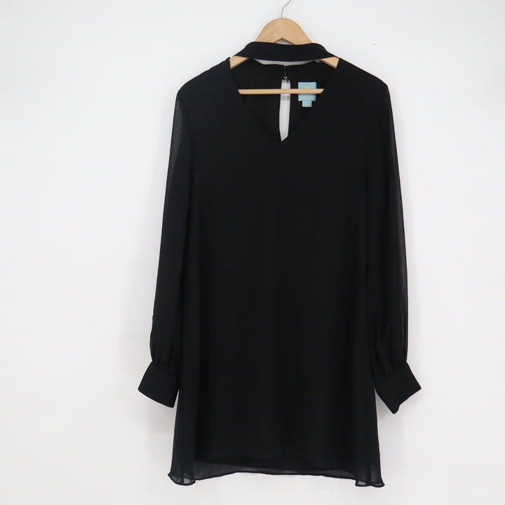 CeCe Black Choker Neck Sheer Long Sleeve Chiffon Shift Mini Dress Size 6