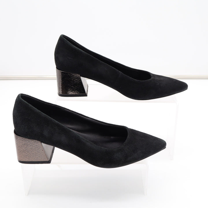 Bleecker & Bond Yasmine Black Suede Pointed Toe Metallic Block Heel Pumps Size 6