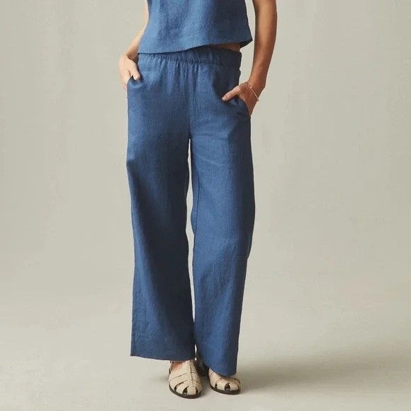 American Giant Pants Womens Medium Blue Linen Wide Leg Summer Wear Relaxed Fit
