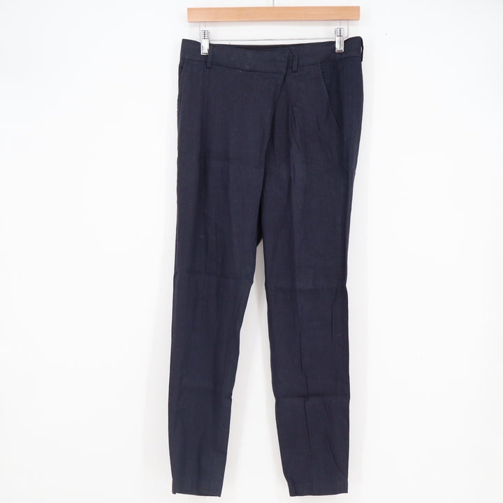 Vince Navy Blue Linen Blend Wrap Front Tapered Trousers Pants Size 2