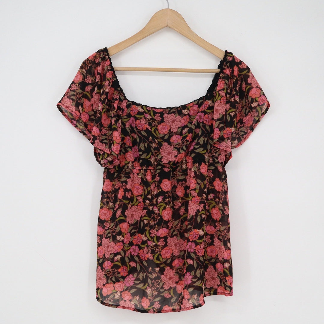 Wild Fable Pink Floral Sweetheart Tie Front Blouse Black Boho Peasant Top Medium