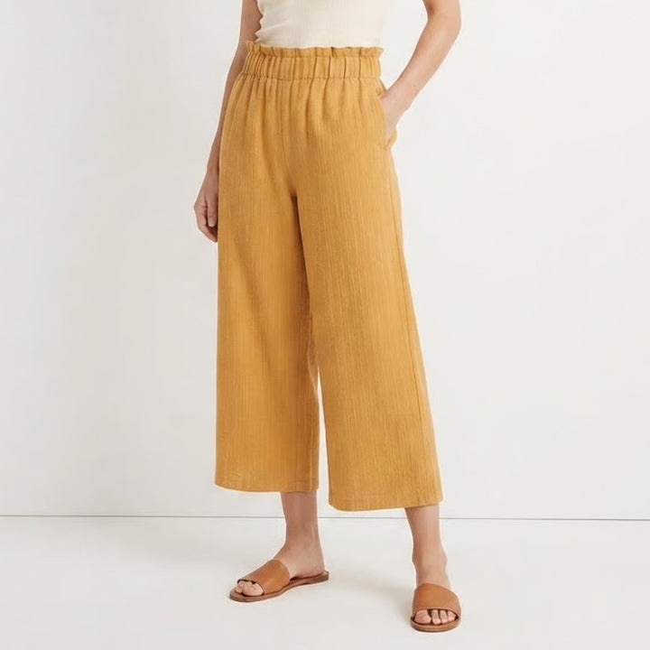 Lush Mustard Yellow Textured Wide Leg Crop Pants Elastic Waist Small