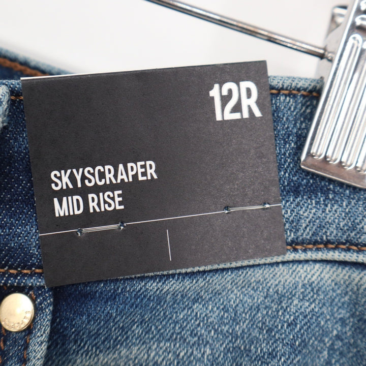 Express Skyscraper Mid Rise Flare Jeans Blue Distressed Ripped 12R