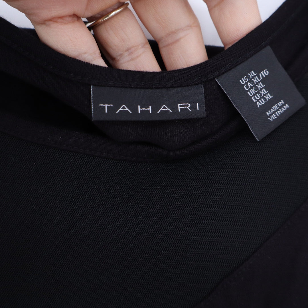 Tahari Top Womens XL Short Sleeve Mesh Shoulder Solid Black Contemporary