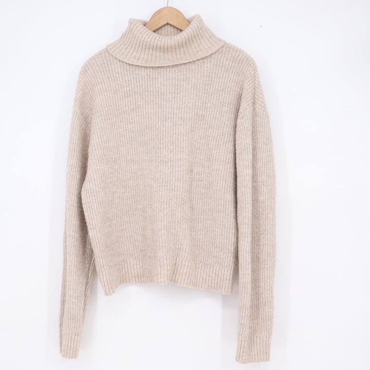 HM Women's Beige Ribbed Knit Turtleneck Sweater Wool Blend Large