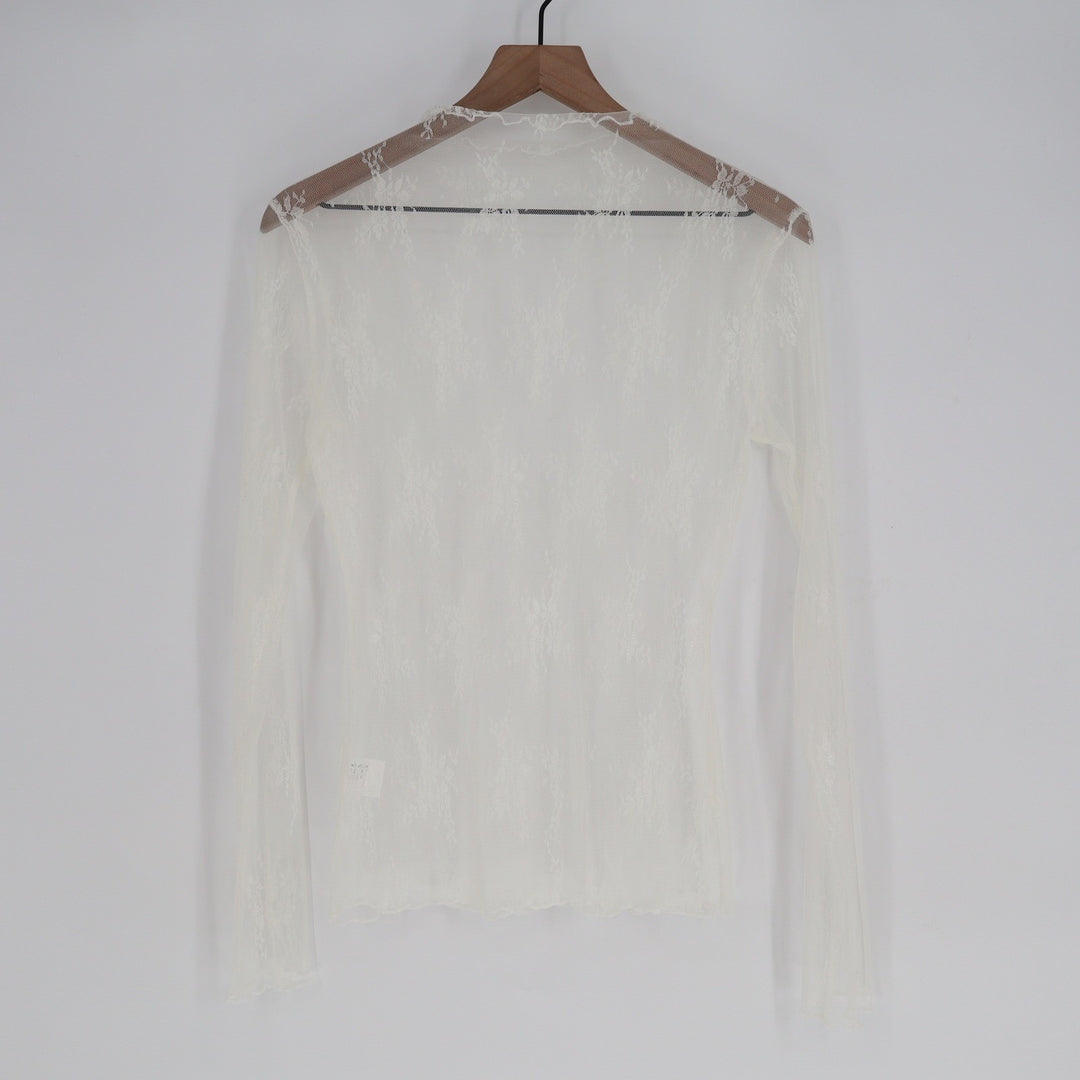 White Floral Lace Sheer Long Sleeve Mesh Top Slim Fit Crew Neck Size L