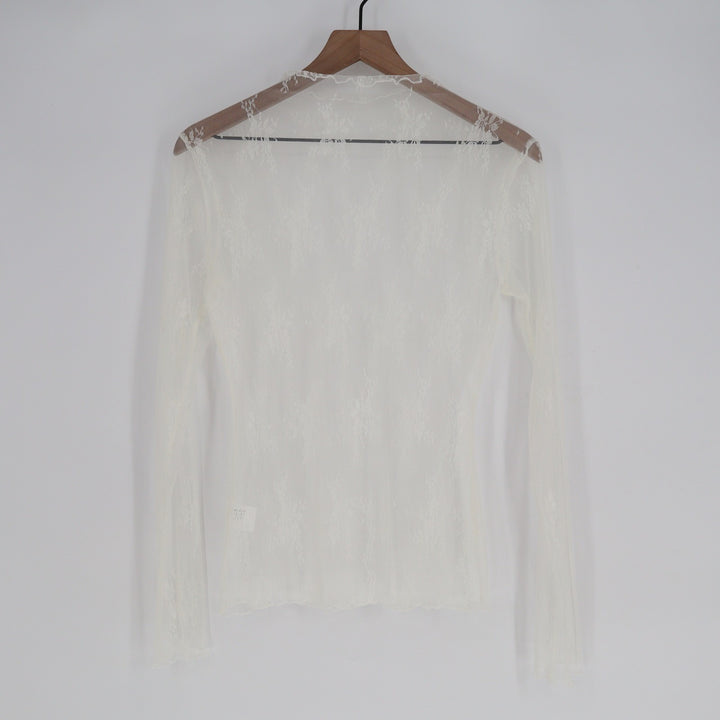 White Floral Lace Sheer Long Sleeve Mesh Top Slim Fit Crew Neck Size L