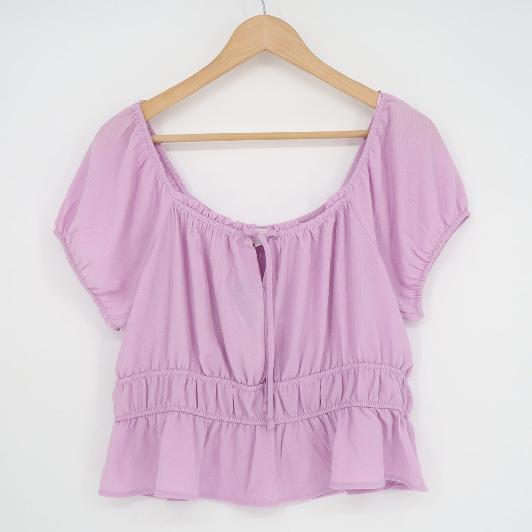 Pink Rose Blouse Top Womens L Purple Stretch Drawstring Tie Pleated Short Sleeve