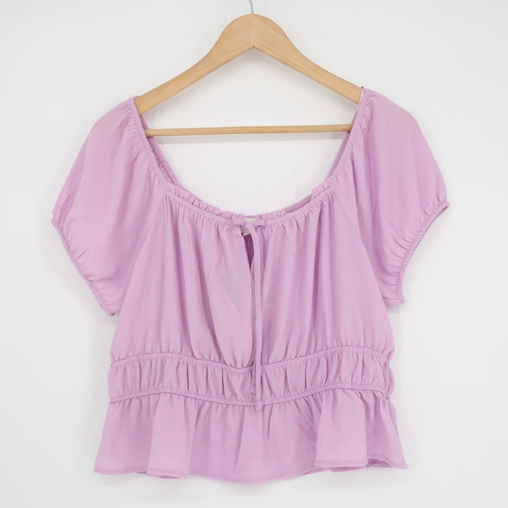 Pink Rose Blouse Top Womens L Purple Stretch Drawstring Tie Pleated Short Sleeve