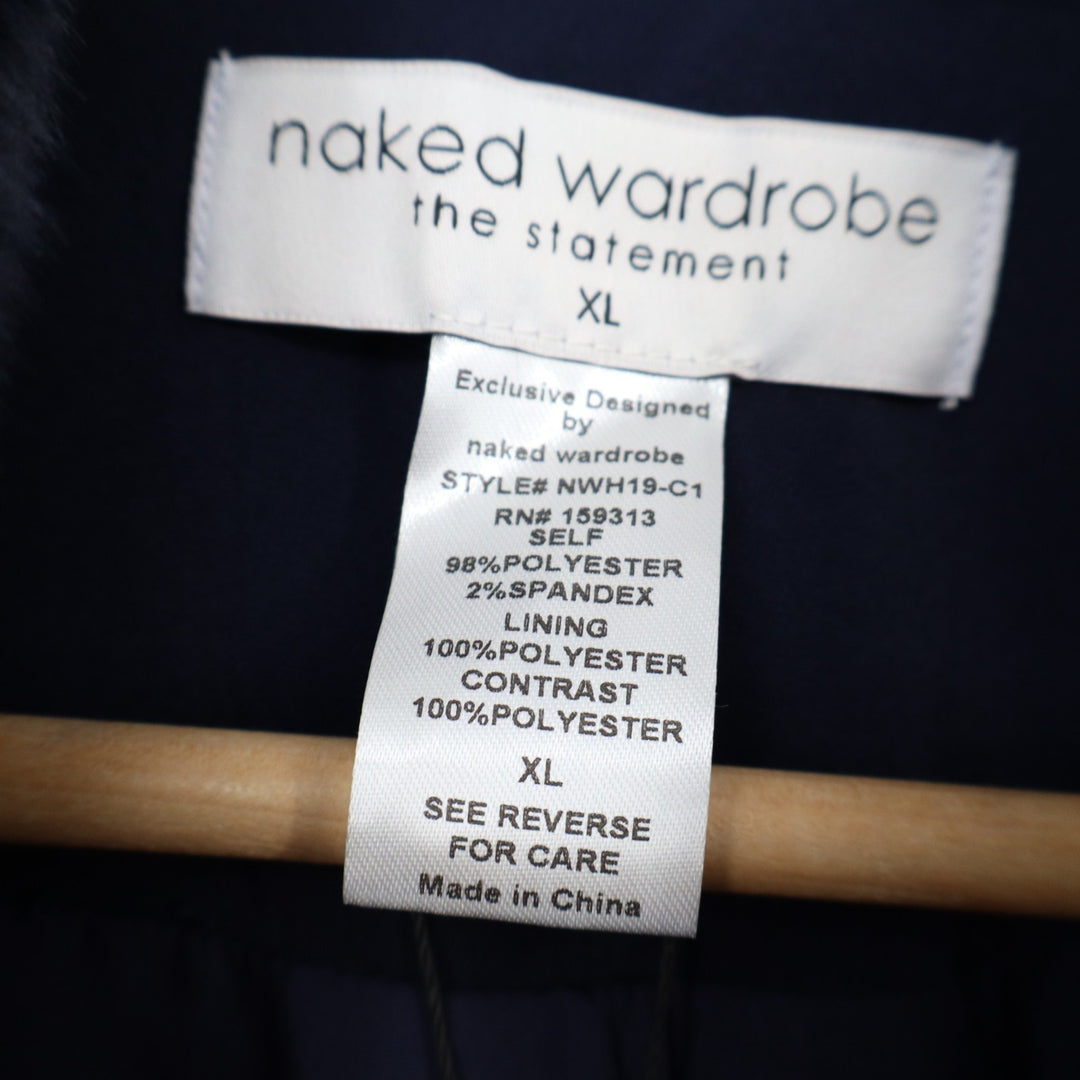 Naked Wardrobe The Statement Trench Coat Womens XL Navy Belted Fur Shawl Collar