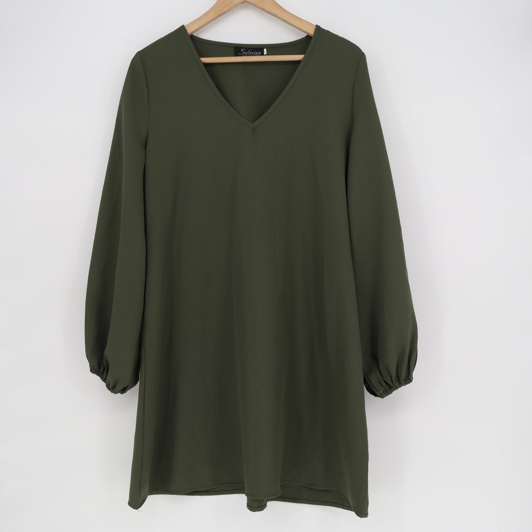 Solersun Olive Green V-Neck Balloon Sleeve Shift Mini Dress Large