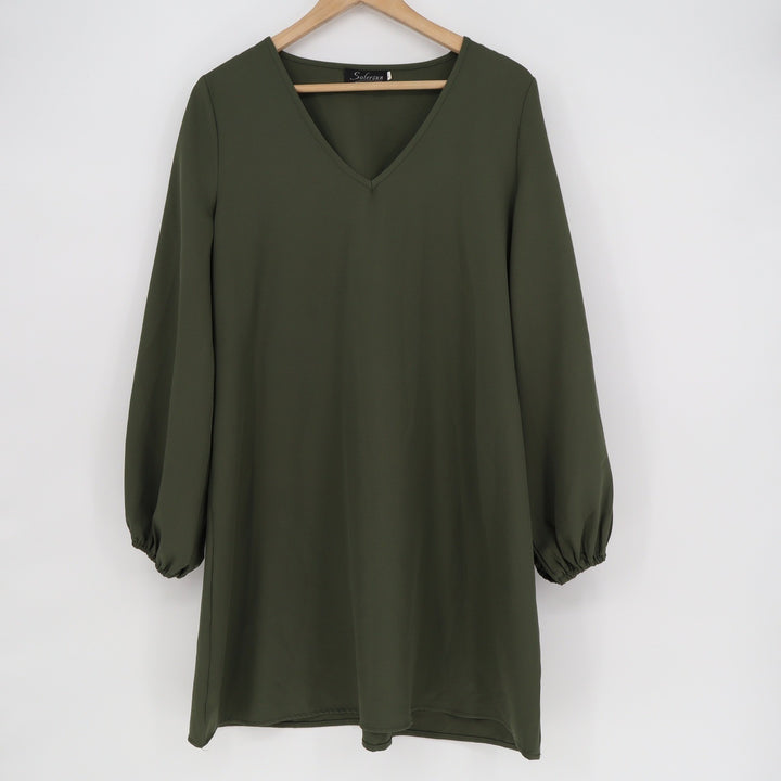 Solersun Olive Green V-Neck Balloon Sleeve Shift Mini Dress Large