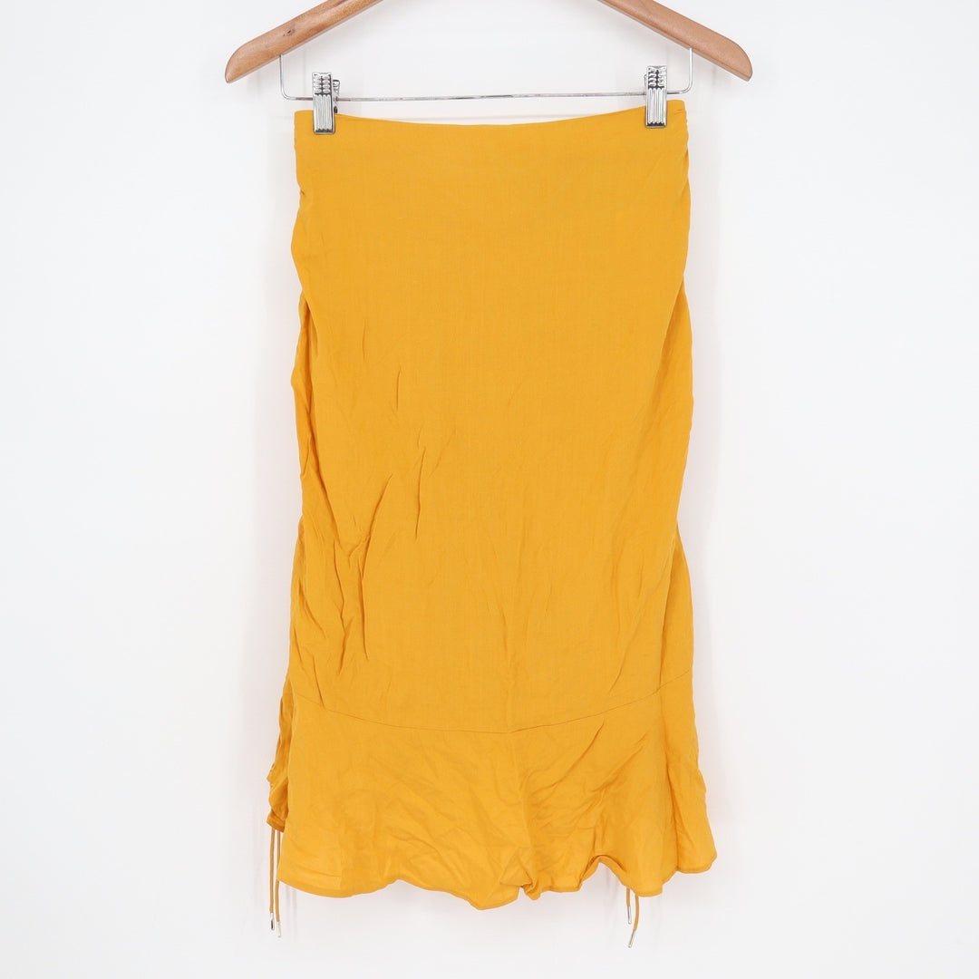 Finders Keepers Mustard Yellow Ruched Midi Skirt Ruffle Hem Drawstring