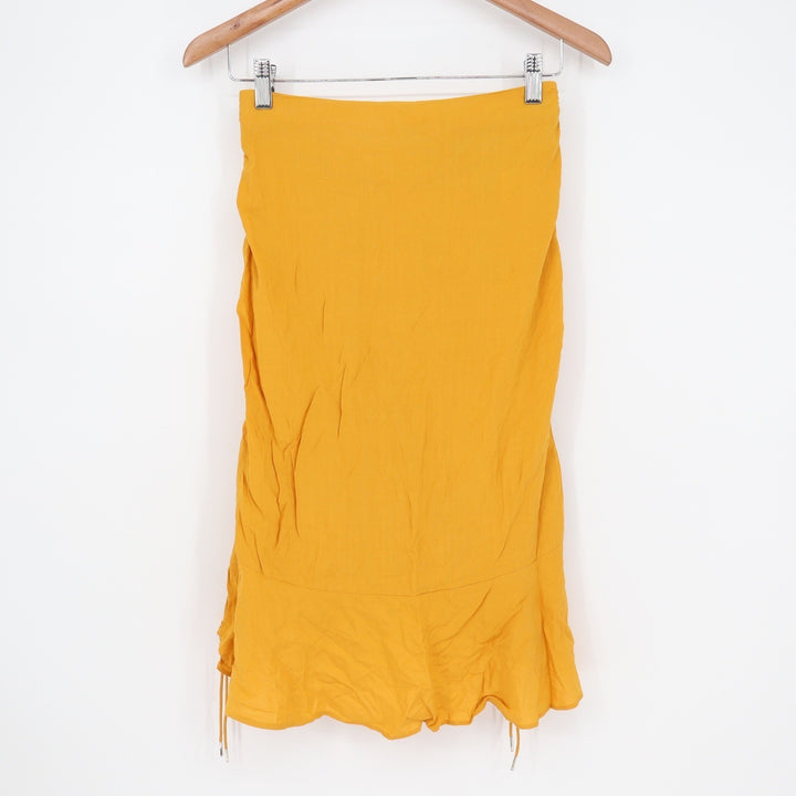 Finders Keepers Mustard Yellow Ruched Midi Skirt Ruffle Hem Drawstring
