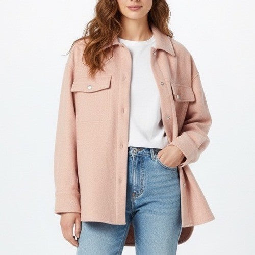 Zara Soft Over Shirt Shacket Womens M Pink Snap Button High Low Spread Collar