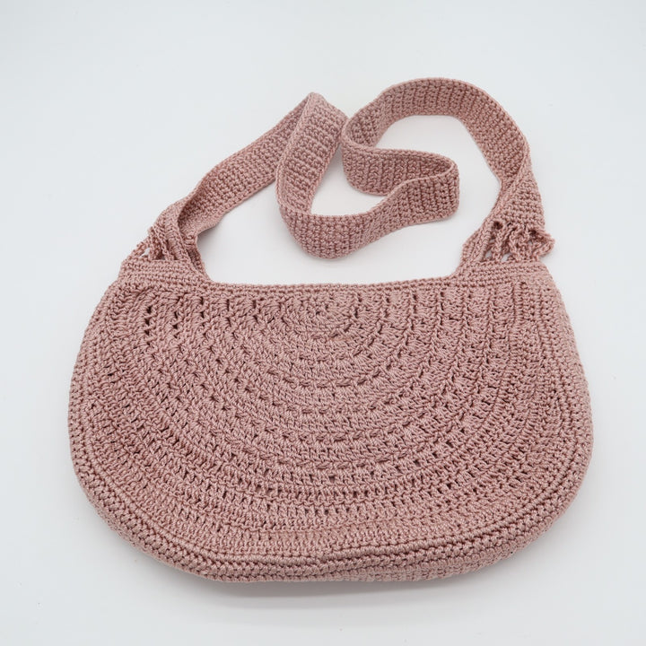 Womens Handbag Mauve Pink Crochet Knit Lined Boho Single Strap Shoulder Bag