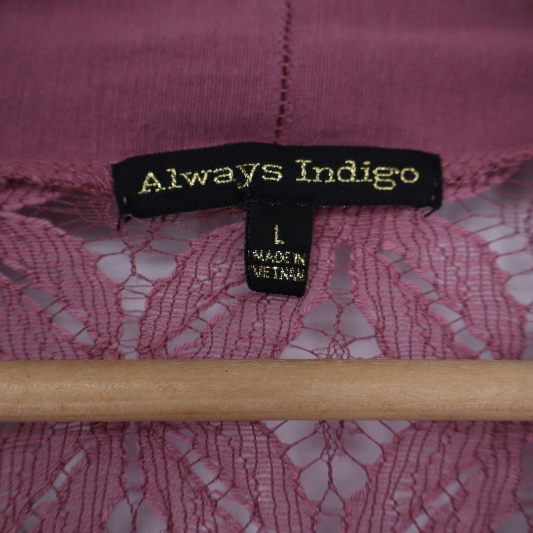 Always Indigo Mauve Lace Back Open Front Draped Cardigan Womens Large