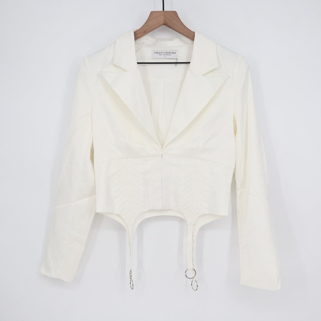 Naked Wardrobe The Statement Ivory Cropped Garter Blazer Top Small