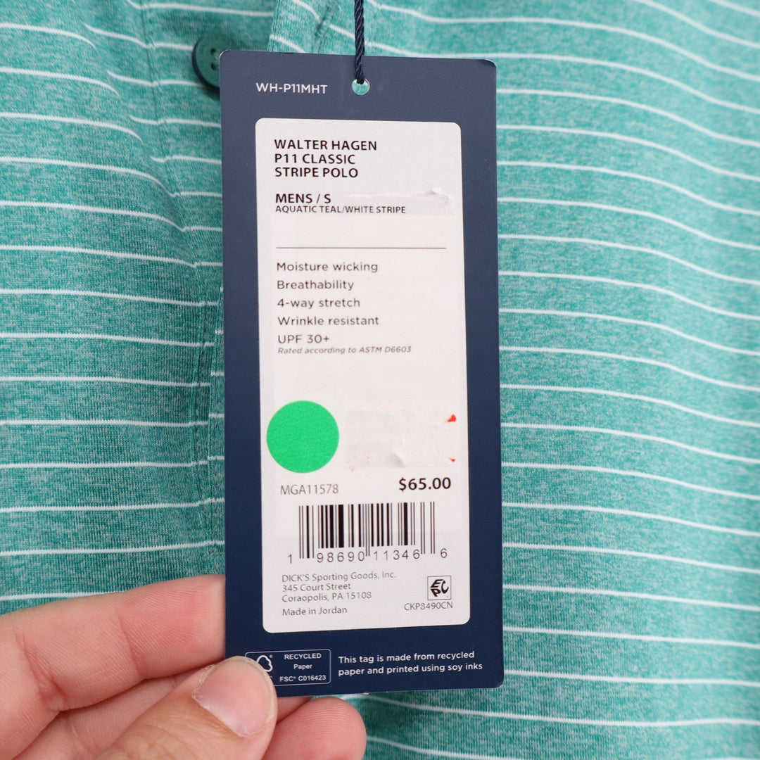Walter Hagen Mens P11 Classic Stripe Polo Shirt Aquatic Teal White Size S New
