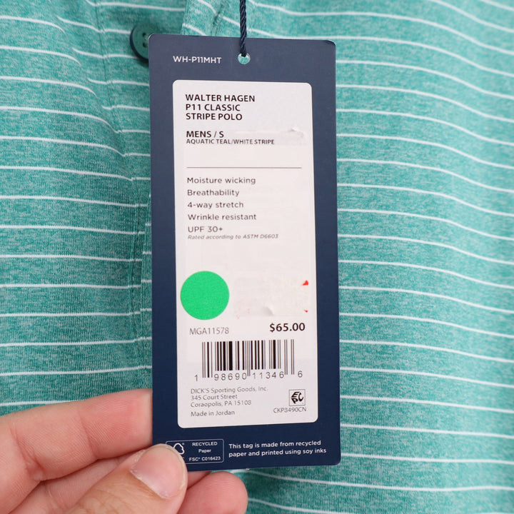 Walter Hagen Mens P11 Classic Stripe Polo Shirt Aquatic Teal White Size S New