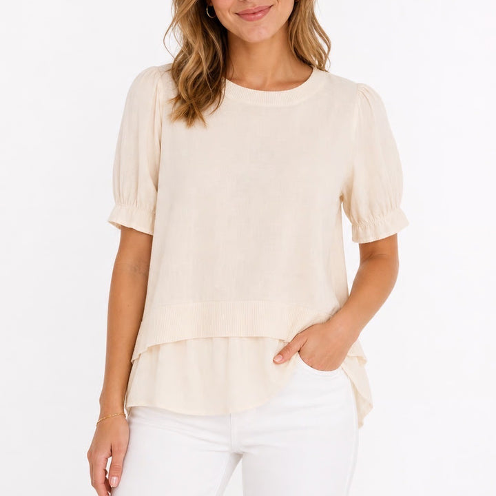 LOFT Cream Mixed Media Layered Puff Sleeve Cotton Sweater Top Womens Size M