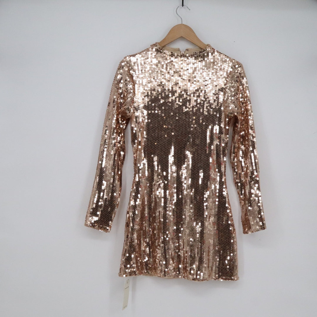 Abercrombie & Fitch Rose Gold Sequin Mock Neck Mini Dress Long Sleeve SP New