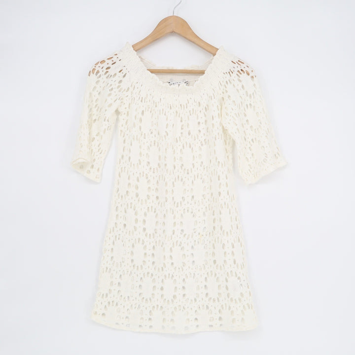 Trina Turk White Crochet Knit 100% Cotton Mini Dress Coverup Small