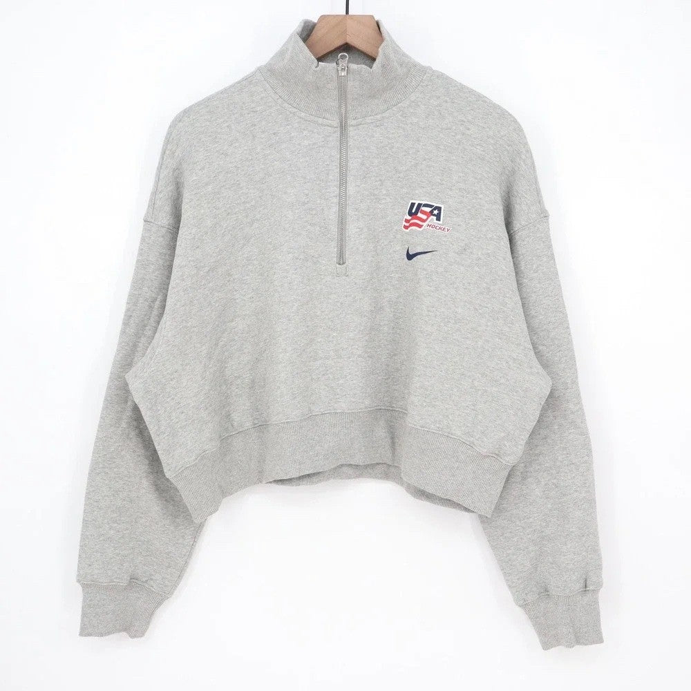 Nike Womens USA Hockey Phoenix Crop Quarter Zip Grey Sweatshirt Large