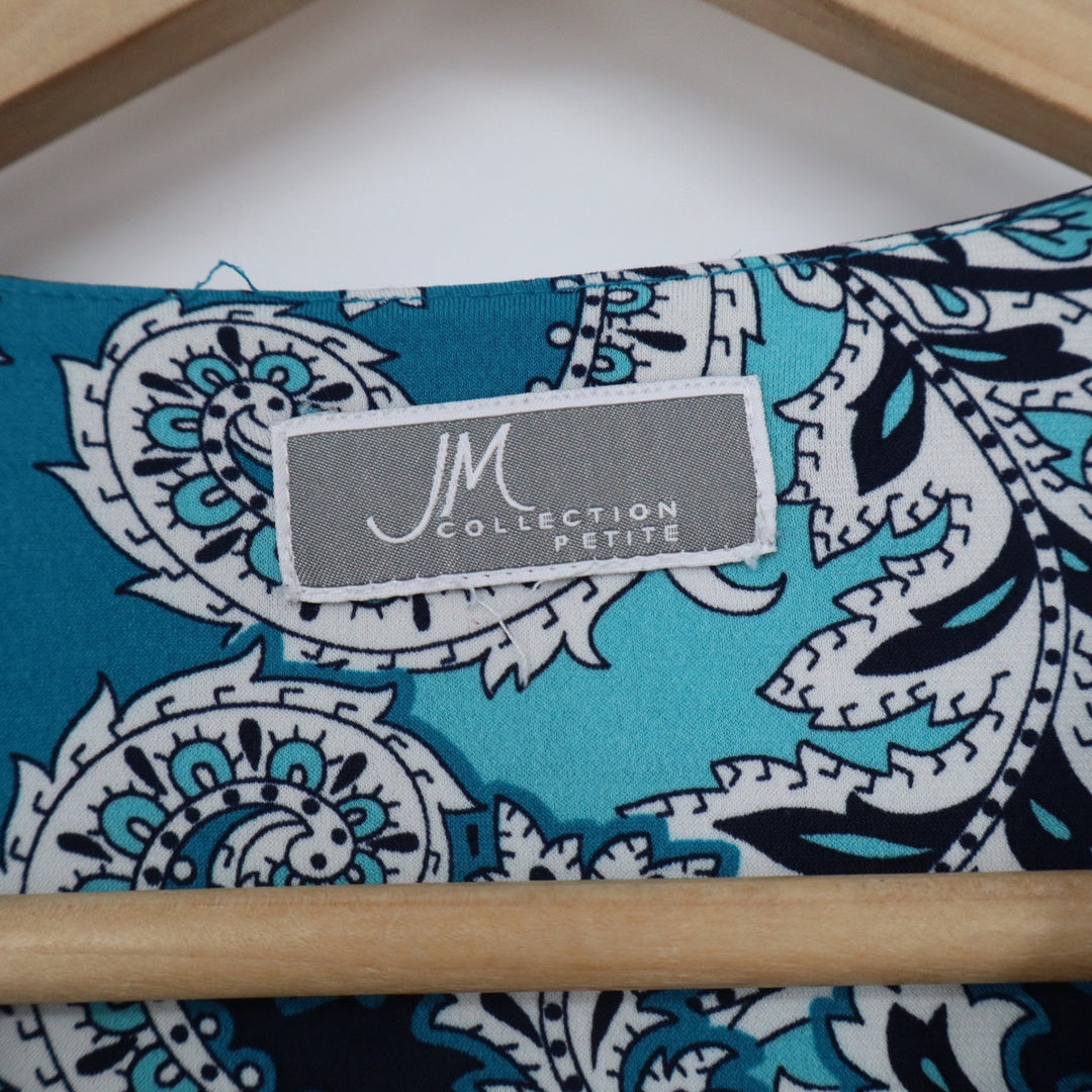 JM Collection Petite Teal Navy Paisley 3/4 Sleeve V-Neck Tunic Blouse