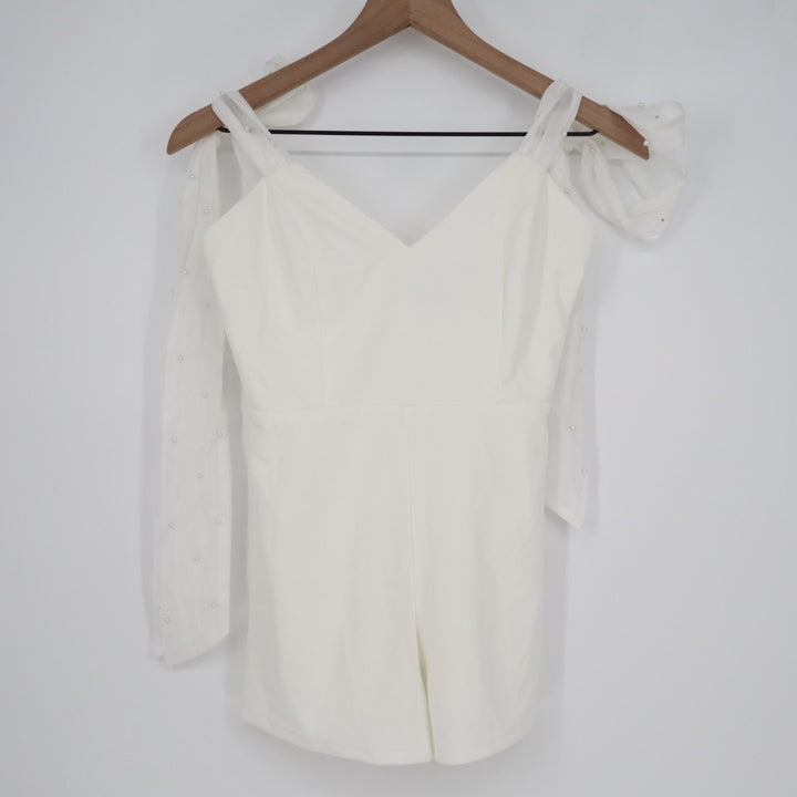 Lulus Certainly Aglow Romper Womens Small White Organza Pearl Tie Strap V Neck
