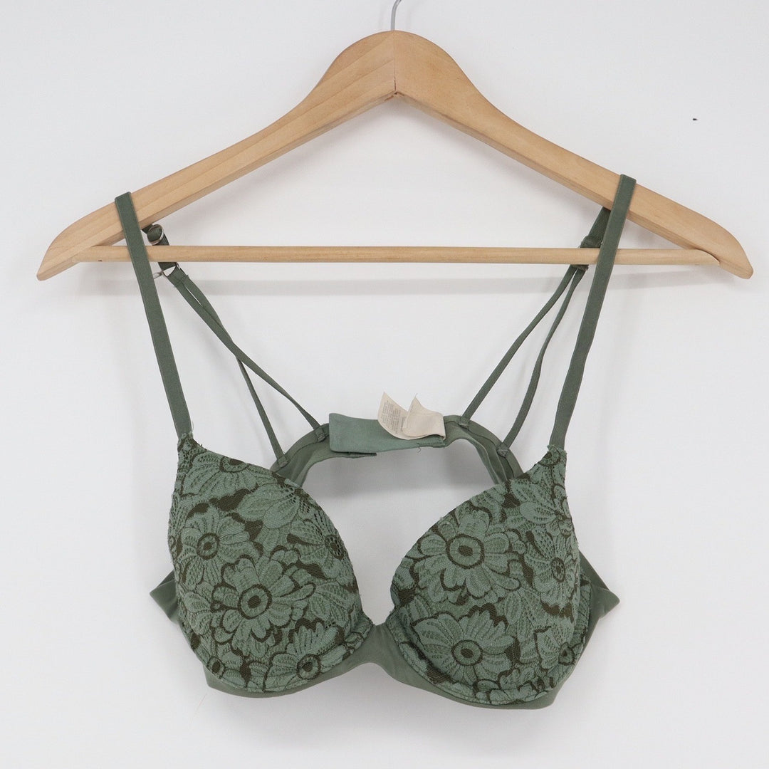 Aerie Real Sunnie Demi Bra 34B Olive Green Floral Lace Strappy Back Underwire