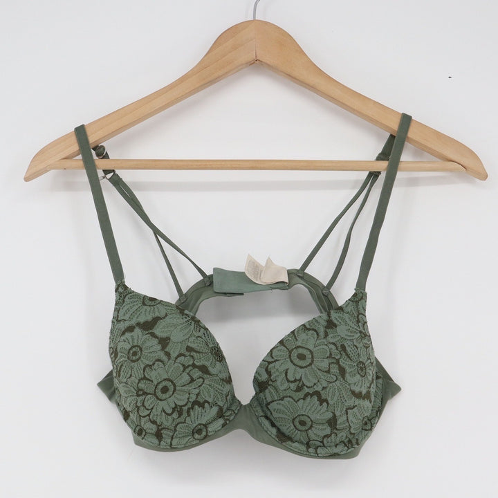Aerie Real Sunnie Demi Bra 34B Olive Green Floral Lace Strappy Back Underwire