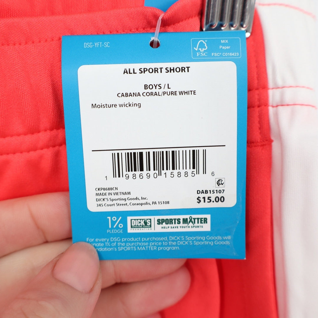 DSG Boys All Sport Short Cabana Coral White L 14-16 Moisture Wicking