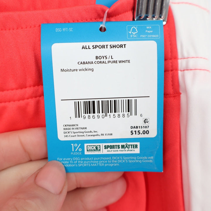 DSG Boys All Sport Short Cabana Coral White L 14-16 Moisture Wicking