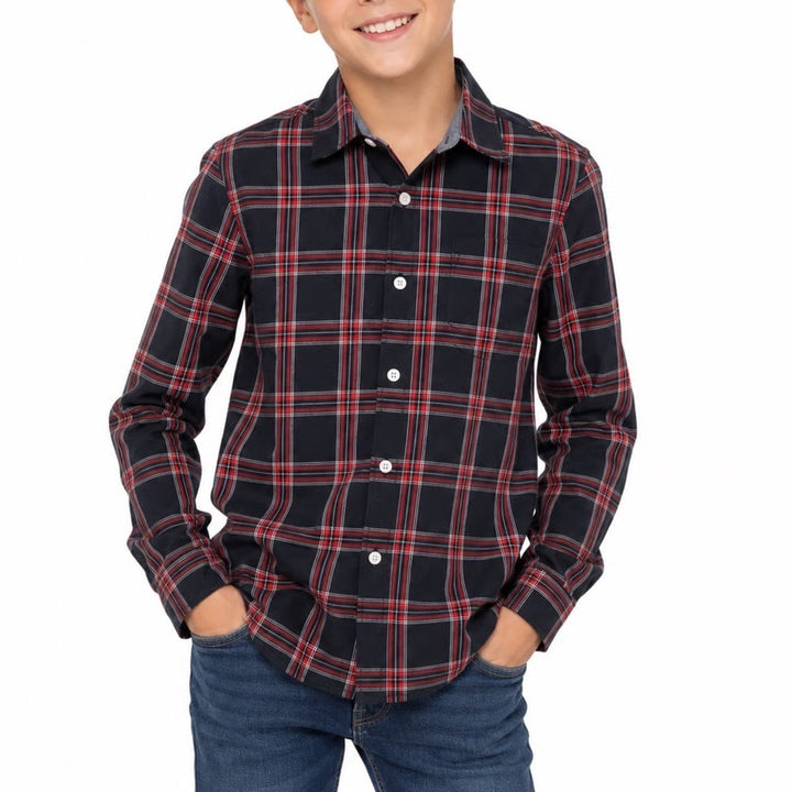 HM LOGG Boys Plaid Button Down Shirt Black Red White Size 12