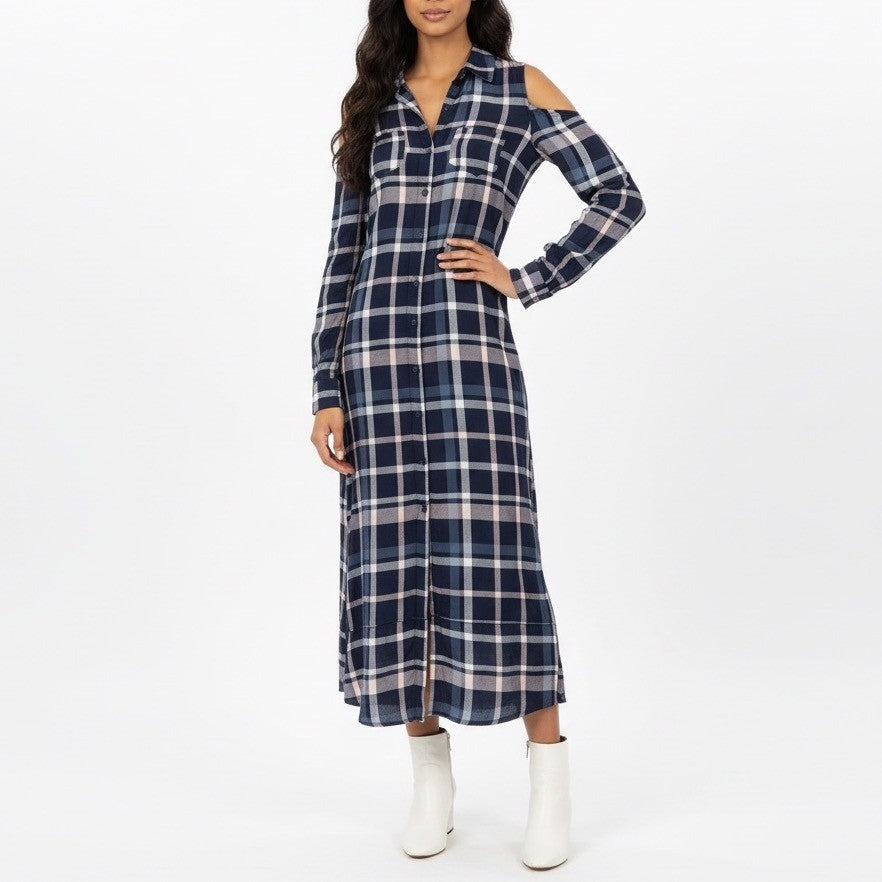 Maison Jules Plaid Cold Shoulder Maxi Shirt Dress Navy Pink Blue XS Tie Waist