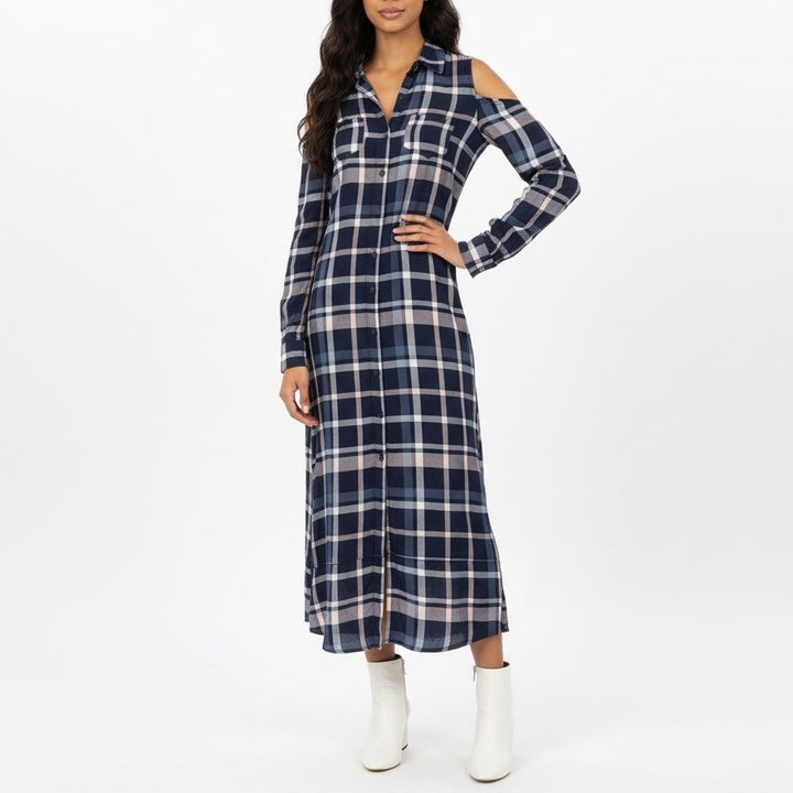 Maison Jules Plaid Cold Shoulder Maxi Shirt Dress Navy Pink Blue XS Tie Waist
