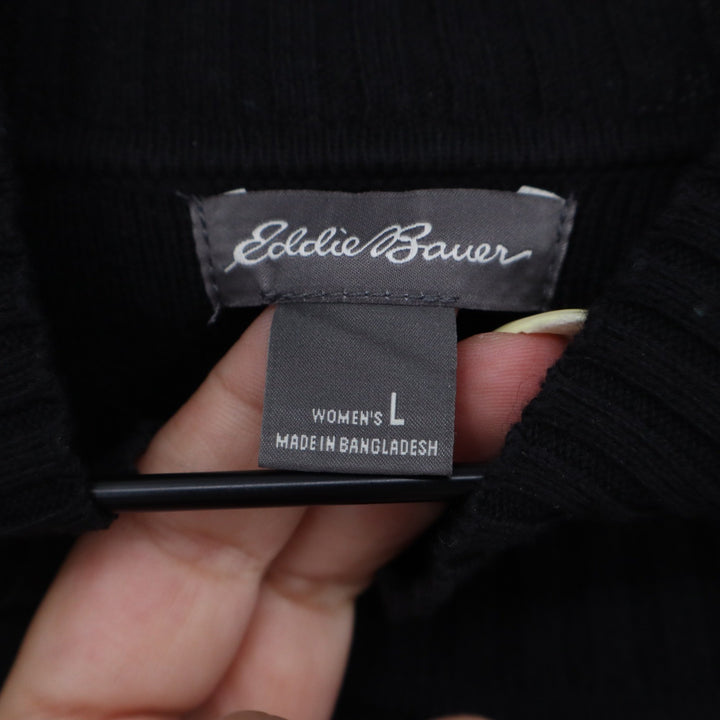 Eddie Bauer Womens Black Mock Neck Raglan Sleeve Knit Sweater Size L Thumbholes
