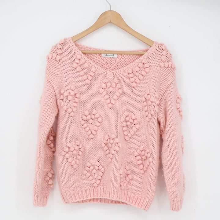 Chicwish Wool Sweater Women's Heart Pom Pom Pink Chunky Knit Excellent